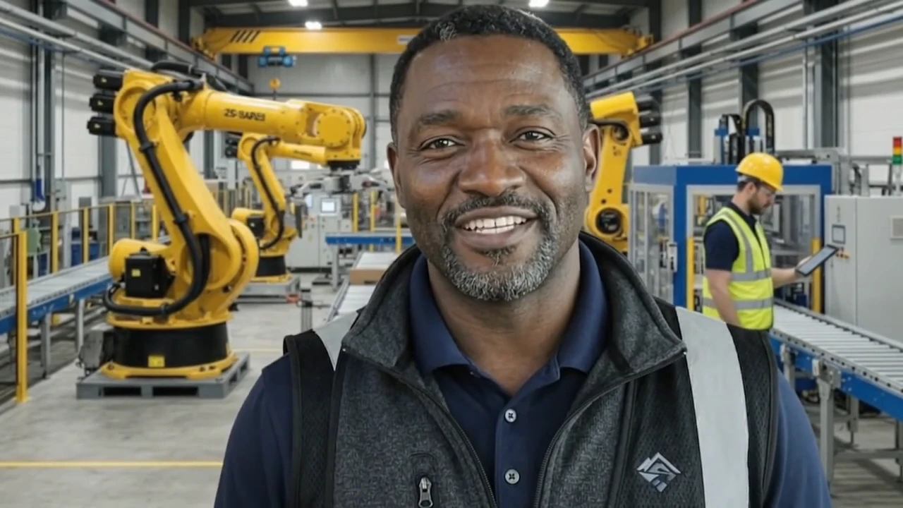 Ron Denson in front of industrial robots