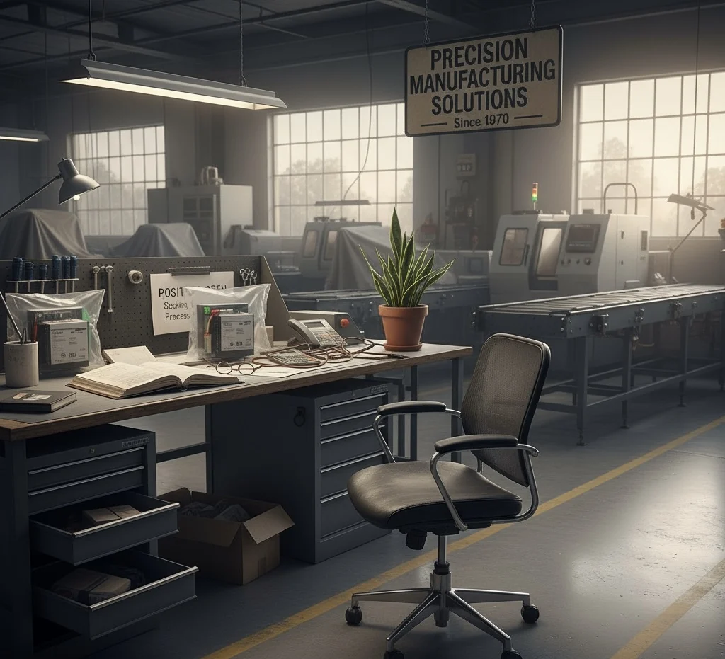 Illustrative empty engineering desk with a notebook and controls equipment