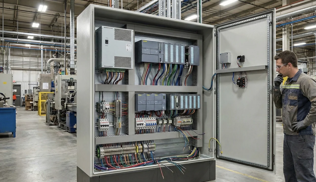 Illustrative open controls panel on a manufacturing floor